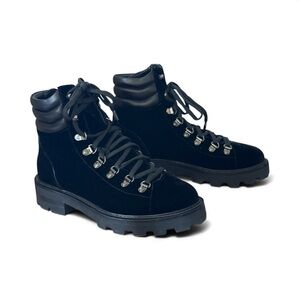 Jimmy Choo Black Velvet Combat Hiking Boots Lug Sole Lace-Up EU 37